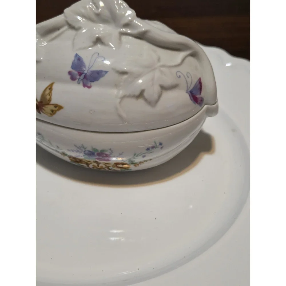 Vintage Charles Revson Inc Ciara Porcelain Egg Trinket Dish Featuring butterflie